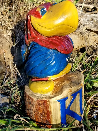 Chainsaw carved KU Jayhawk
