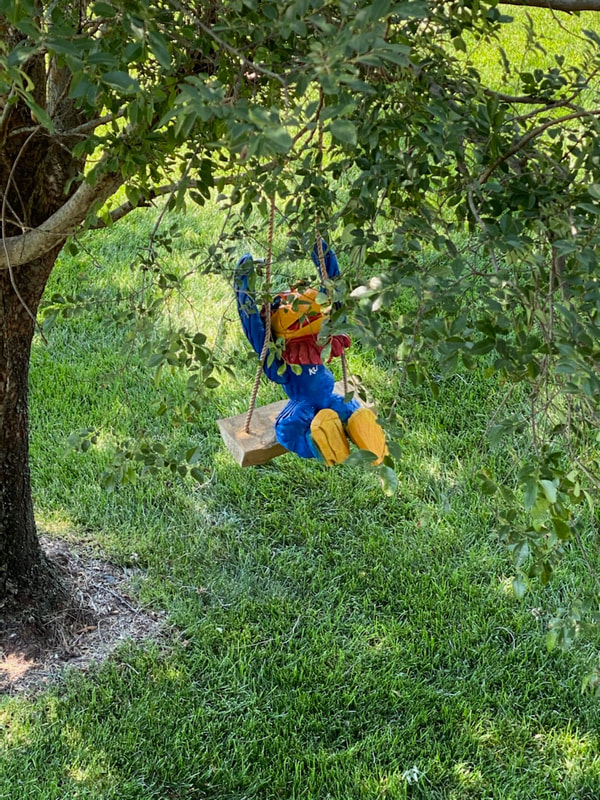 Chainsaw carved jayhawk swinging in a tree,  Stained pine
